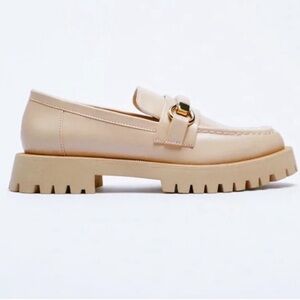 Zara Beige Lug Sole Topstitching Details Loafers